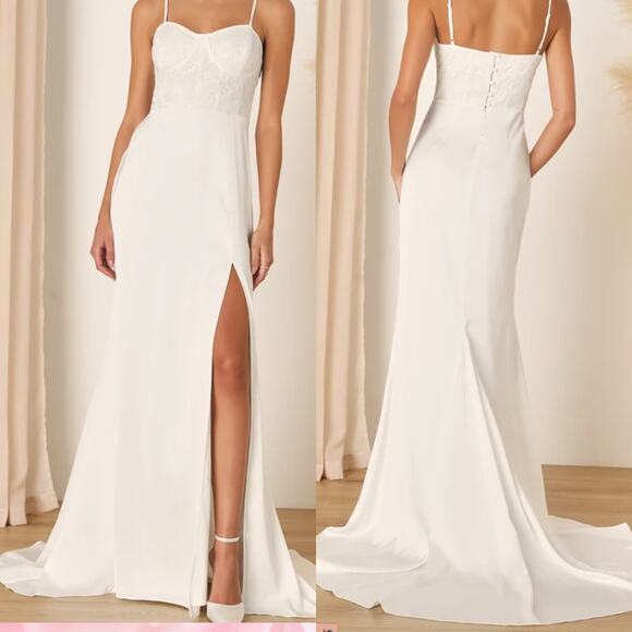 LULU'S M Elevated Glamour White Satin Sequin Bustier Mermaid Maxi Dress NEW B26 - Picture 1 of 11